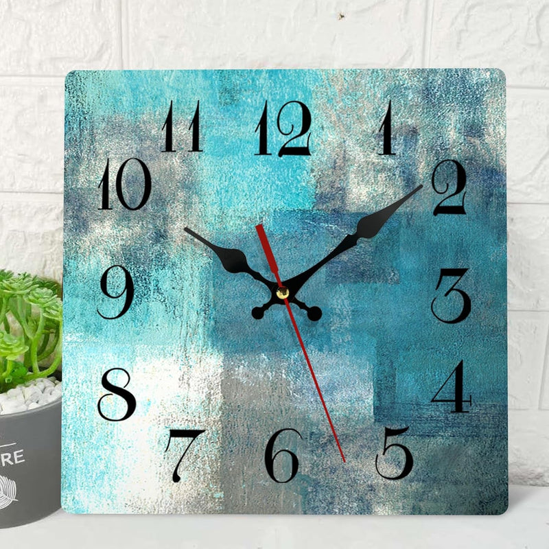 Artsocket Wooden Wall Clock Silent Non-Ticking, Green Blue Grey Teal Abstract Painting Gray Square Rustic Coastal Wall Clocks Decor for Home Kitchen Living Room Office, Battery Operated(12 Inch)