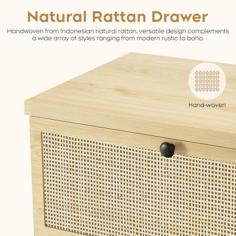 Brafab Natural Rattan 6 Drawer Double Dresser for Bedroom, Industrial Wood Clothing Organizer Boho Dresser, Wide Storage Chest of Drawers Dresser with Sturdy Steel Legs for Living Room Hallway