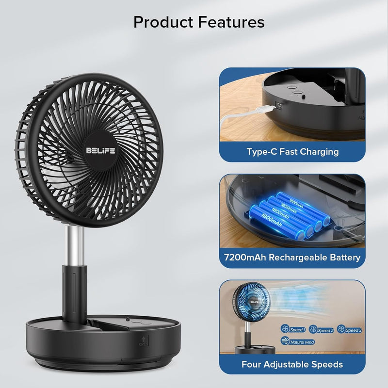 Belife X8 Portable Fan, Cordless 7200Mah Battery Operated Oscillating Fan, USB Rechargeable Desk Floor Fan with Remote, Foldable Telescopic Fan for Home Bedroom Sleeping Office Camping Travel (Black)