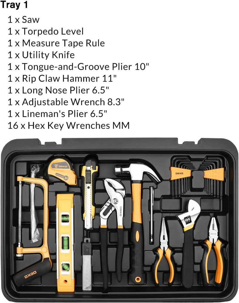 DEKOPRO 258 Piece Tool Kit with Rolling Tool Box Socket Wrench Hand Tool Set Mechanic Case Trolley Portable