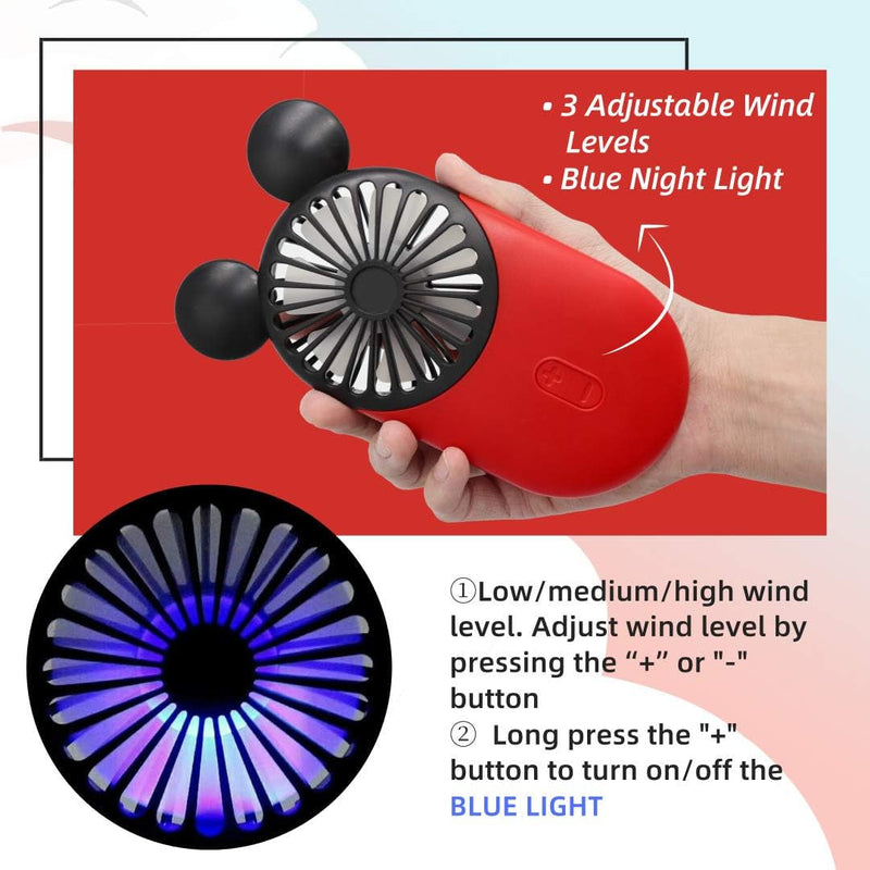 Cute Personal Mini Fan, Handheld & Portable USB Rechargeable Fan with Beautiful LED Light, 3 Adjustable Speeds, Portable Holder, Perfect for Indoor or Outdoor Activities, Cute Mouse