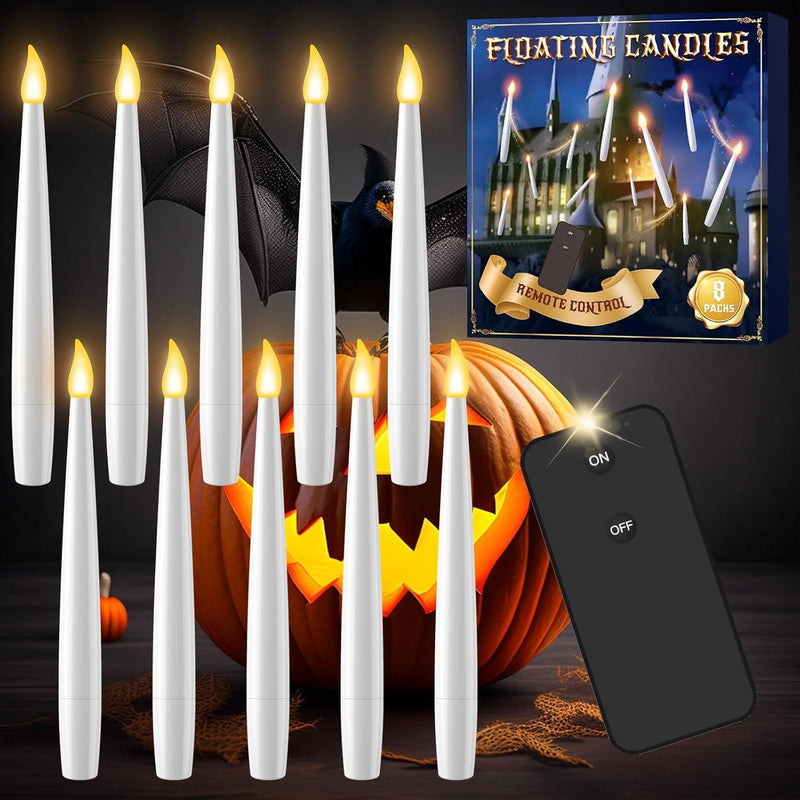 Floating Candles with Wand 10Pcs - Halloween Decorations Magic Hanging Candles Flickering Warm Light LED Flameless Candles with Remote, Christmas Lights for Window Home Bedroom Birthday Party Decor