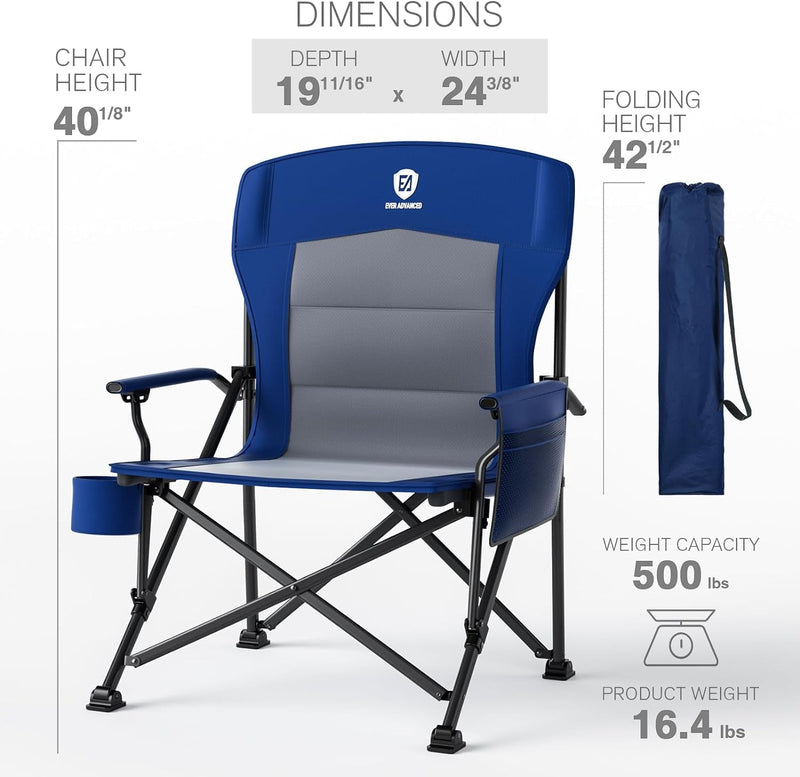 EVER ADVANCED Oversized Folding Camping Chair, for Adults Heavy Duty Lawn Chair with Side Pockets, Portable Collapsible Quad Chair for Outside, Support up to 500Lbs, Blue