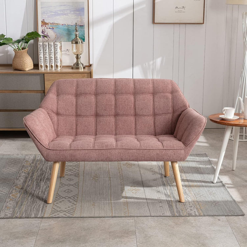 48" Small Loveseat for Small Spaces, Upholstered Durable Linen Fabric Loveseat Sofa, Mid Century Modern Mini Couch with Armrest and Wood Legs for Bedroom/Living Room/Apartment, Pink