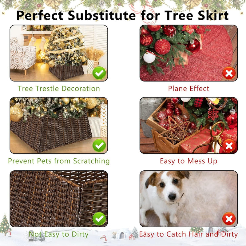 Christmas Tree Collar Skirt Rattan Wicker Ring Collar Stand Basket Handwoven Xmas Decoration Farmhouse for Holiday Home Decoration