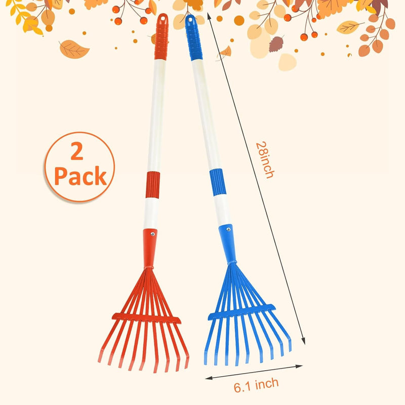 2PCS Kids Rakes for Leaves, 28" Child Size Garden Rake Childrens Lawn Rake Toddler Leaf Rake Blue Red Plastic Head Kid Yard Rakes with Detachable Hardwood Handle Great Gardening Tools for Boy Girl