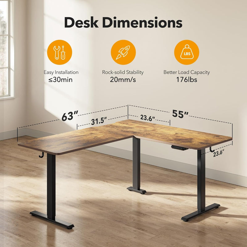 Cubicubi 63" L Shaped Electric Standing Desk, Height Adjustable Stand up Corner Desk, Sit Stand Home Office Desk with Splice Board, Rustic Brown Top