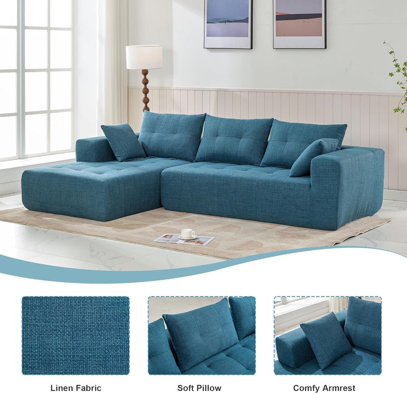 110" Cloud Modular Sectional Sofa, Linen L-Shape Freedom Combination Sofa with Reversible Chaise, Comfy Deep Seat Floor Living Room Sofa Couch with 3 Pillows for Apartment Office (Blue)