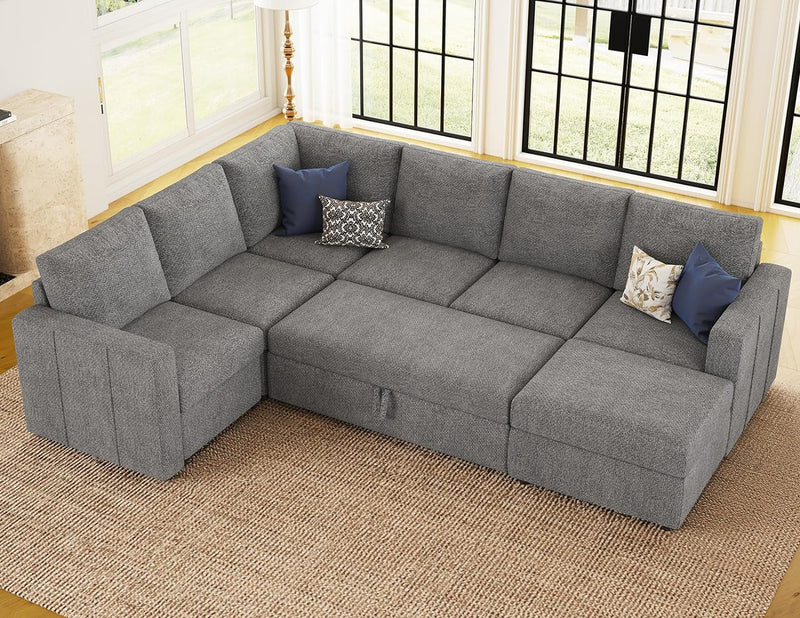 Belffin Modular Sectional Sleeper Sofa with Pull Out Bed and Storage Ottoman U Shape Sleeper Sectional Couch Oversized Convertible 7-Seater Sofa for Living Room Grey