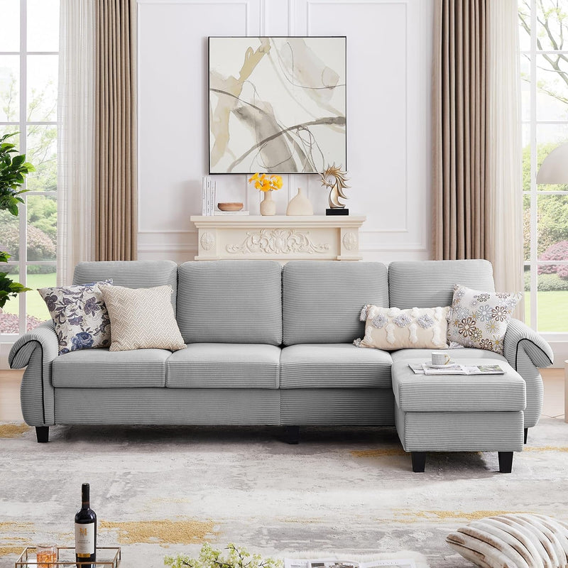 112" Sectional Sofa Couch, 4-Seat L Shaped Couch with Ottoman and Wooden Legs, Modern Polyester Fabric Couches for Living Room Apartment Office, Beige