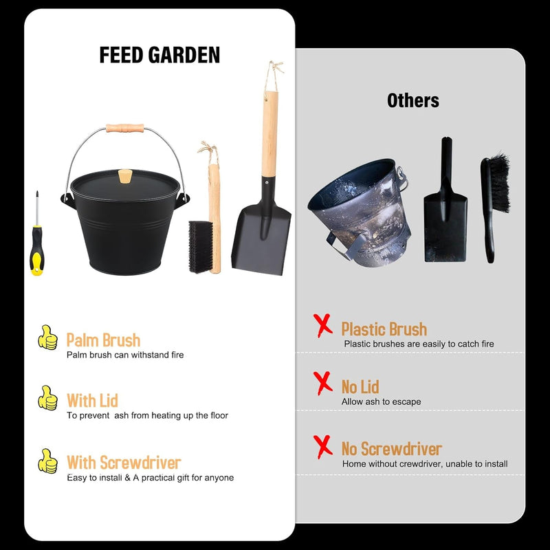 FEED GARDEN 1.5 Gallon Mini Ash Bucket with Lid,Shovel,Broom and Screwdriver,Iron Metal Bucket,Pellet Charcoal Bucket Ash Can for Fireplace Fire Pits,Hearth,Wood Stoves,Indoor Outdoor，Black