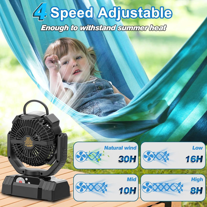 10000Mah Rechargeable Camping Fan, USB Battery Operated Powered Shaking Head Fan with LED Lantern, 4 Speed 4 Timing Outdoor Tent Fan for Camping with Remote & Hook for Fishing,Travel, Jobsite
