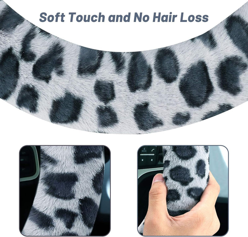 Fuzzy Steering Wheel Cover for Women Girls, Accmor Universal Fit Fur Car Wheel Cover & Handbrake Cover & Gear Shift Cover Set, Leopard Winter Warm Fluffy Vehicle Wheel Protector for Auto, SUV