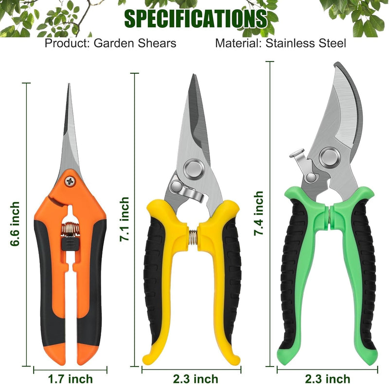 3 Pack Garden Pruning Shears, Stainless Steel Garden Shears, Premium Pruning Shears for Gardening, Handheld Gardening Shears, Garden Scissors with Soft Grip Handle, Plant Garden Clippers Tools