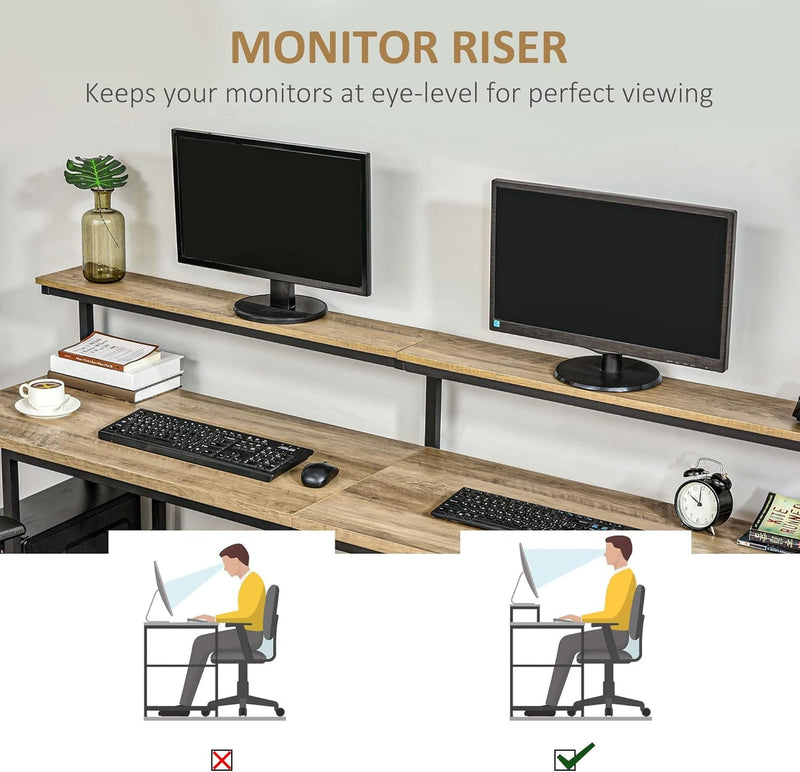 HOMCOM 78.75 Inches Double Computer Desk for Two Person, Extra Long Home Office Desk with Monitor Shelf and CPU Stand, Brown