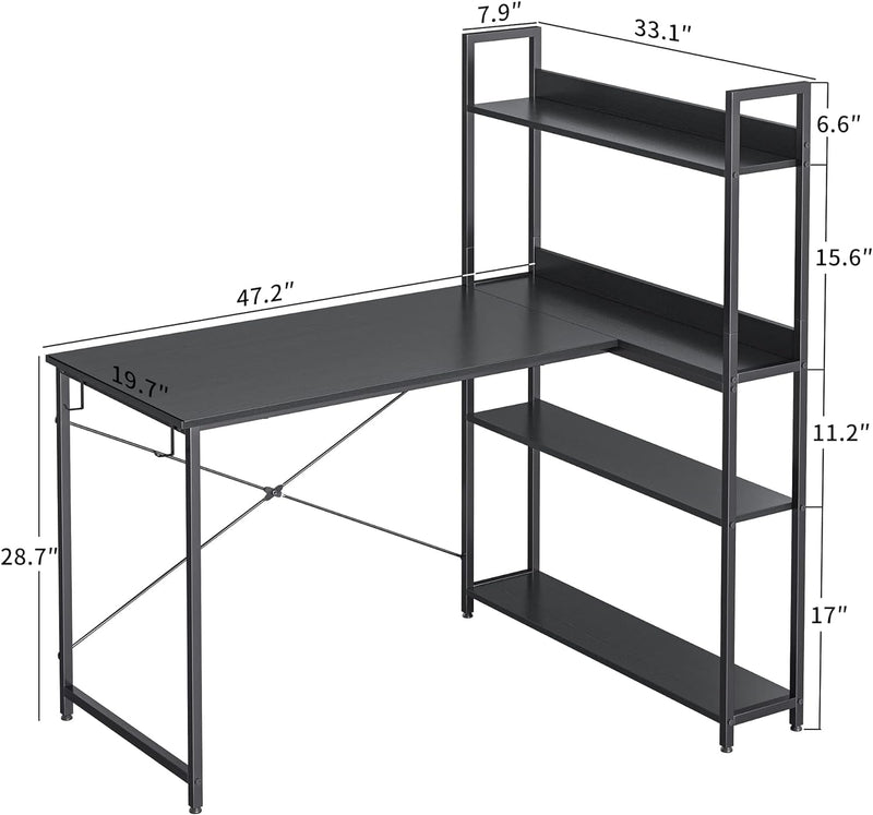 Cubicubi Computer Corner Desk with Storage Shelves, 47 Inch Reversible Small L Shaped Computer Desk, Home Office Writing Desk with 2 Hooks, Black