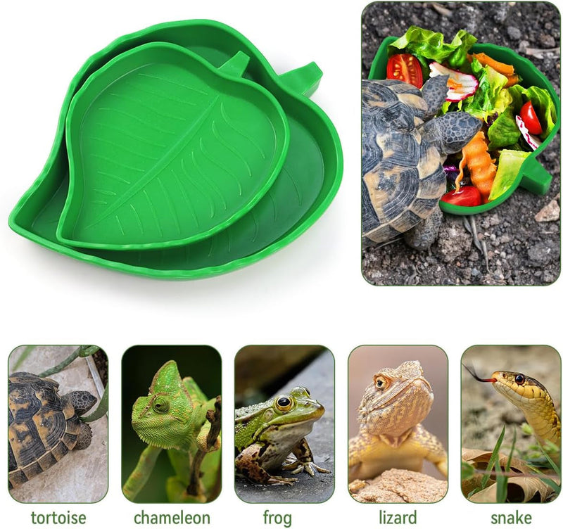 2 Pcs Leaf Reptile Food Water Bowl Plate Dish for Tortoise, Lizards, Young Bearded Dragons, Small Snakes, 2 Sizes