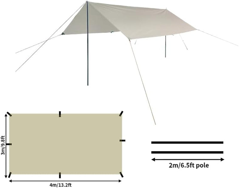 DANCHEL OUTDOOR Portable Tent Tarp Oxford Fabric with 2 Poles, Waterproof Rain Fly Shelter Awning Tent Canopy for B2 Yurt Glamping Accessories, Khaki 9.8X13Ft