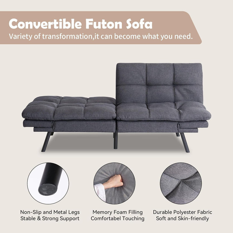 Convertible Futon Bed,Gray Memory Foam Loveseat Small Euro Lounger Sofa for Compact Living Spaces,Apartment,Dorm,Studio,Guest Room,Home Office/Cushion, Fabric, French Grey