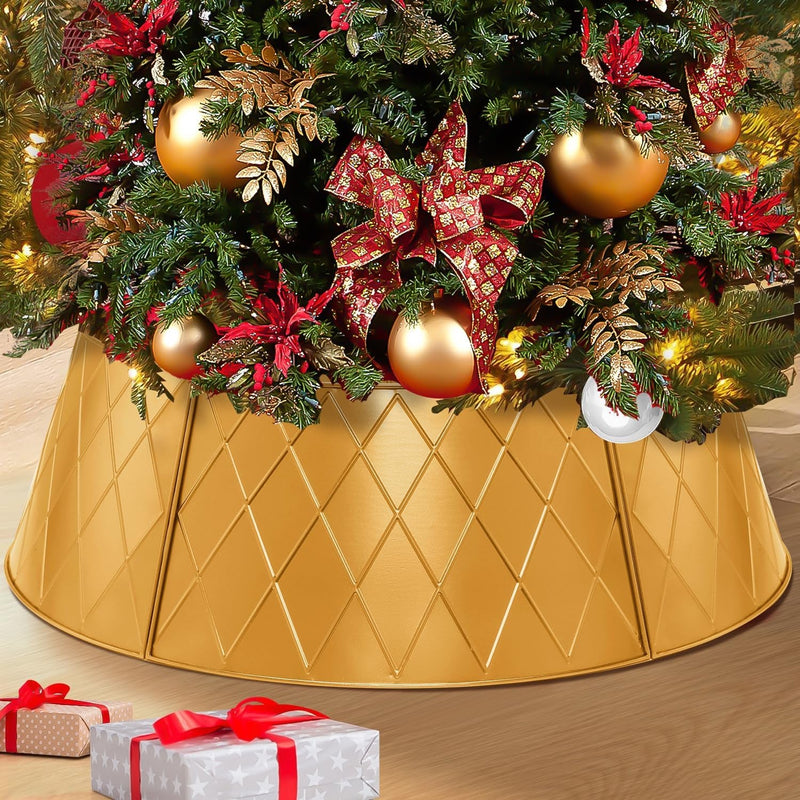 28" Metal Christmas Tree Collar, Christmas Tree Collar Skirt Base Stand for Real or Artificial Trees Christmas Tree Ring Collar Cover for Xmas Holiday - Adjustable (Bronze-Rhombus)