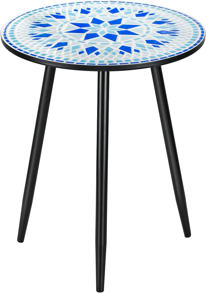 14" Outdoor Side Table, Scrollwork Accent round End Table, Unique Relief Ceramic Tile Tabletop with Metal Frame, Coffee Tea Table Nightstand for Living Room, Bedroom