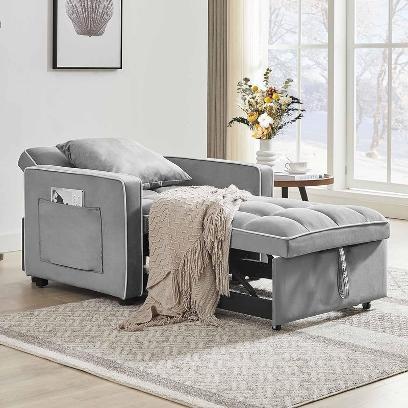 3 in 1 Sleeper Sofa Couch Bed, Velvet Convertible Single Sleeper Sofa with USB Port and Ashtray and Swivel Phone Stand, Storage Pockets, Pull Out Single Sleeper for Living Room, Grey
