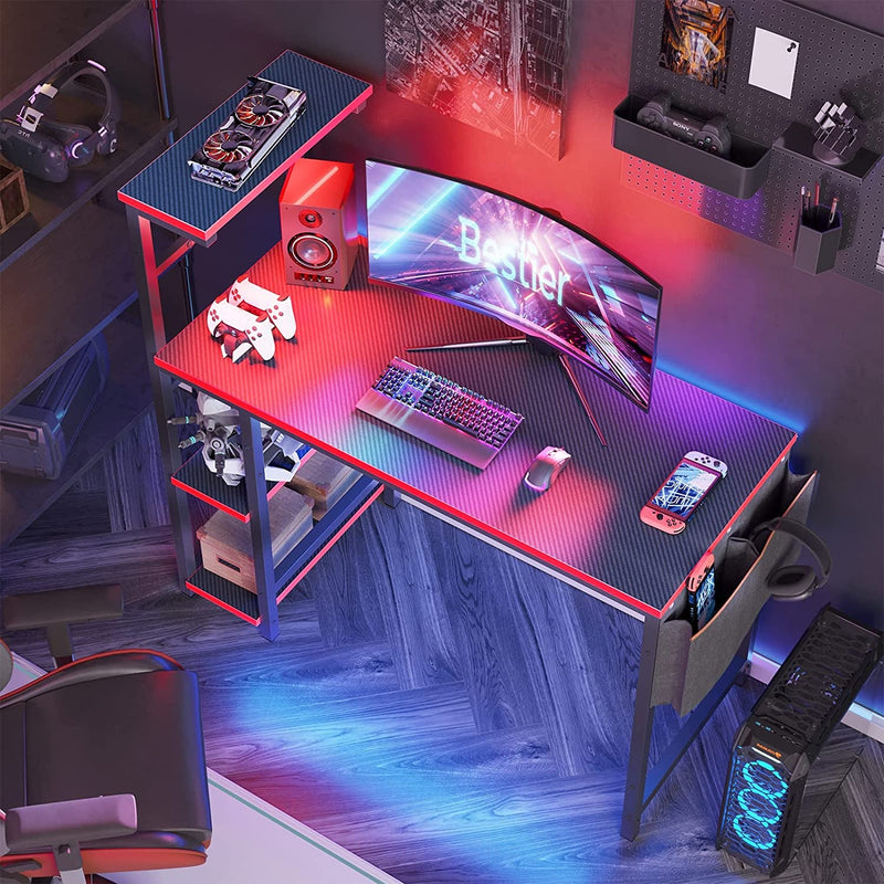 Bestier Gaming Desk with LED Lights, 44 Inch PC Gamer Desk for Small Spaces, Computer Desk with Reversible Storage Shelves & Side Storage Bag (Black 3D Carbon Fiber)