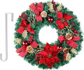 Christmas Wreath - Outdoor Christmas Decoration - 24 Inch Wreath with Frosted Red Poinsettia and Red Ornaments on 30 Inch Easel