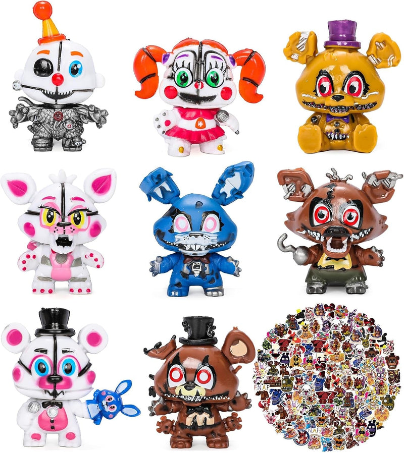 Five Night Game Figurines Toys - 8PCS Cute 5 Nights Figures Toys with 50PCS Sticker Inspired by the Game Five Night Figures - Ornaments for Birthday Party Cake Decorating Supplies