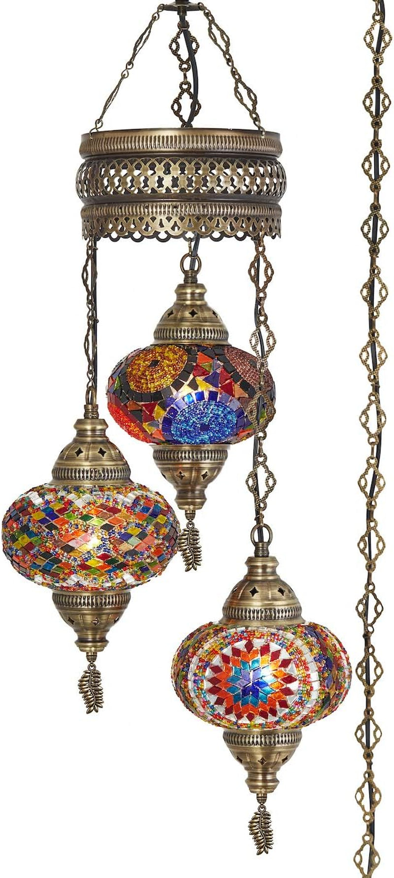 DEMMEX Turkish Moroccan Mosaic Swag Plug in Chandelier Ceiling Hanging Lamp Pendant Light Fixture Lighting, 15Ft Cord Chain and Plug, 3 Big Globes (Multicolor (Plug In))