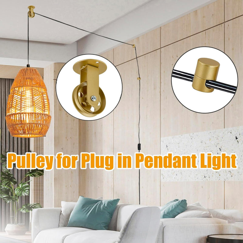 Gold Pulley Wheels Set of 2 for Plug in Pendant Light Fixture, Swag Hook for Pendant Lighting Chandelier Ceiling Lights Cable, Wall Ceiling Mount Pulley Lamp Hooks for Hanging Lamp Ceiling (2 Pack)