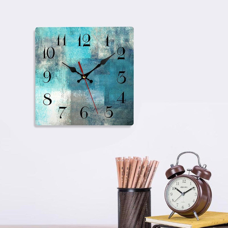 Artsocket Wooden Wall Clock Silent Non-Ticking, Green Blue Grey Teal Abstract Painting Gray Square Rustic Coastal Wall Clocks Decor for Home Kitchen Living Room Office, Battery Operated(12 Inch)