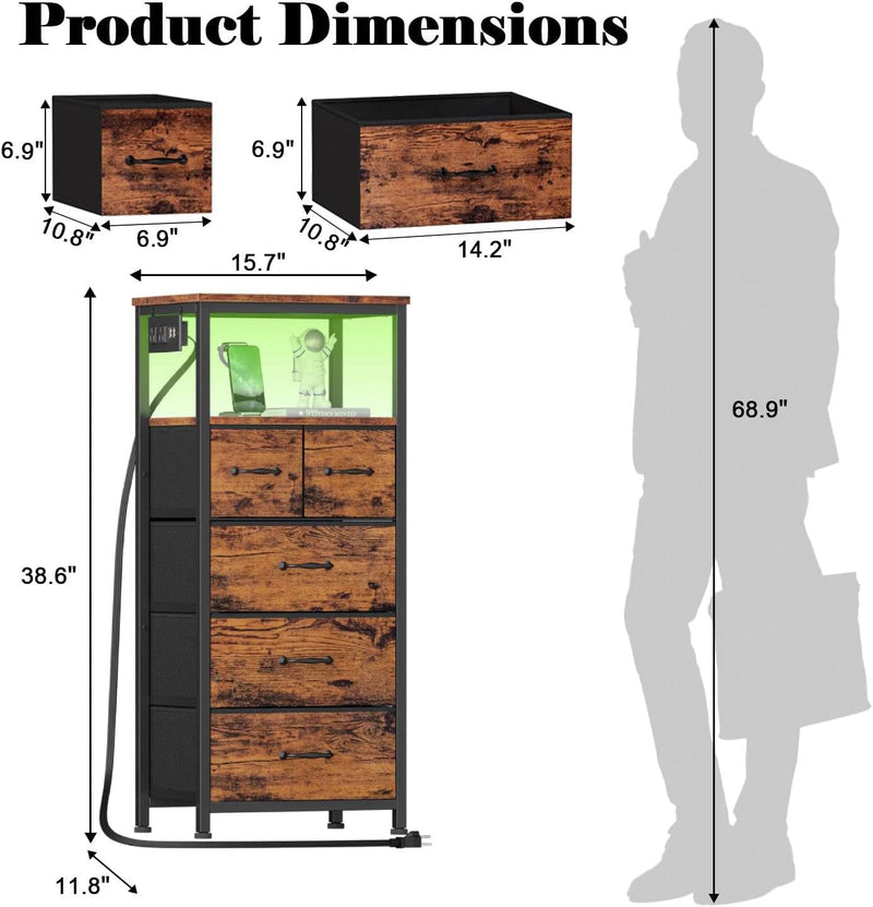 Furnulem Tall LED Dresser with Charging Station, Vertical Storage Tower Unit with Wood Shelf, 5 Drawer Nightstand for Bedroom, Living Room, Hallway, Fabric Bins, Bedside Table Furniture(Rustic Brown)