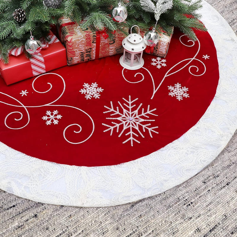 Christmas Tree Skirt, 32 Inch Red Velvet Tree Skirt with Embroidered Snowflakes Sequins White Trim Border, Holiday Party Tree Decoration