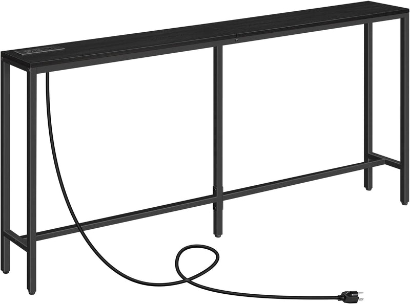 Console Table with Power Outlet, 63" Narrow Sofa Table, Industrial Entryway Table with USB Ports, behind Couch Table for Entryway, Hallway, Foyer, Living Room, Bedroom, Black CTHB16E01