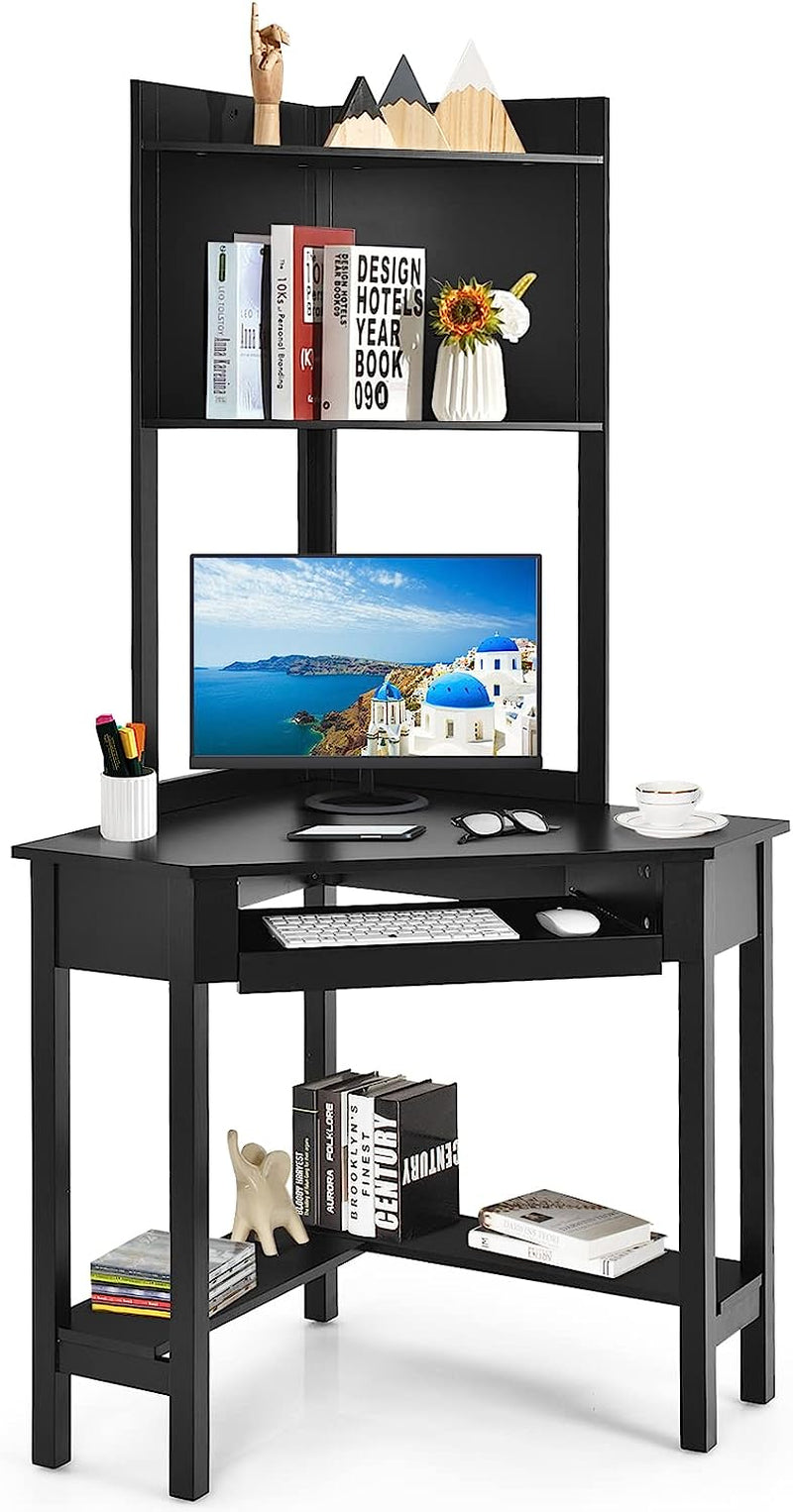 COSTWAY Corner Desk with Hutch, Compact Corner Computer Desk, Study and Writing Table with Keyboard Tray & Bottom Shelves, Space-Saving Laptop PC Desk for Small Space, Home, Bedroom, Apartment (Black)