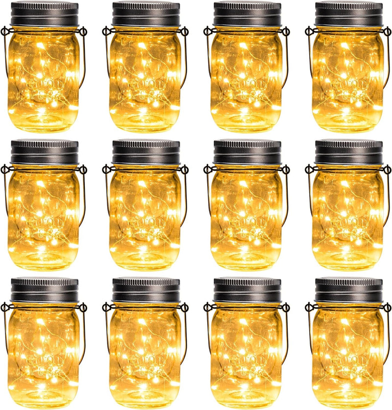 GIGALUMI Hanging Solar Mason Jar Lights, 6 Pack 30 Led String Fairy Lights Hanging Solar Lanterns Outdoor Waterproof, Hangers and Jars Included, Outdoor Decor for Christmas, Wedding, Garden, Patio