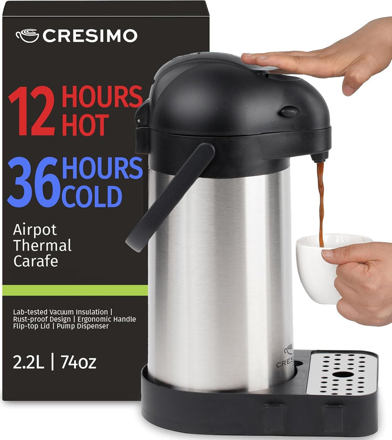 Coffee Carafe with Pump - 102Oz / 3L Airpot 12 Hours Large Carafe Hot Cocoa Dispenser for Parties-Hot Water Dispenser, Tea Flask-Insulated Stainless Steel Hot Beverage Dispenser-Thermal Carafe Air Pot