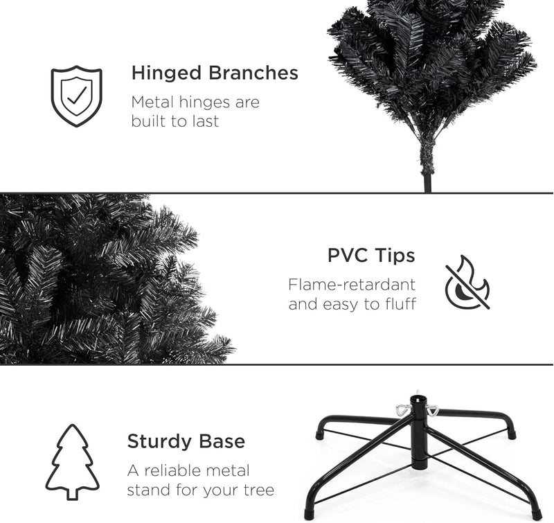 Best Choice Products 6Ft Artificial Full Black Christmas Tree Seasonal Holiday Decoration for Home, Office, Party Decoration W/ 947 PVC Branch Tips, Metal Hinges, Foldable Base