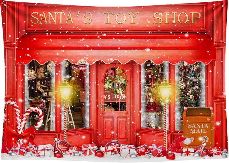 8X6FT Red Christmas Photo Backdrop Santa'S Toy Shop Candy Cane in Snow World Xmas Family Holiday Party Banner Photography Background Supplies Decor Studio Prop