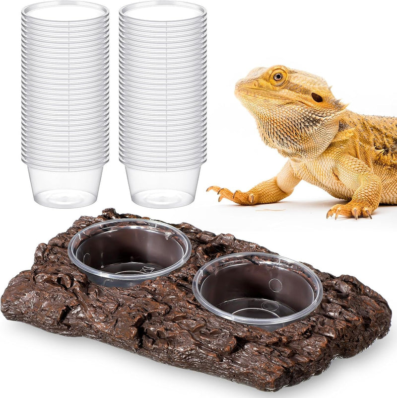 52 Pcs 3.3Oz Feeding Cups with Reptile Feeder Ledge Food Dish Plastic Cups Double Bowl Reptile Food Water Feeder for Reptile Crested Gecko Lizard Chameleon Pets