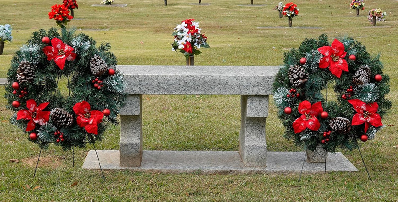 Christmas Wreath - Outdoor Christmas Decoration - 24 Inch Wreath with Frosted Red Poinsettia and Red Ornaments on 30 Inch Easel