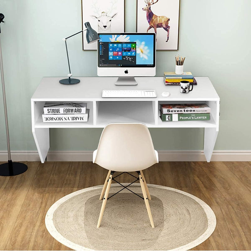 Computer Floating, Home Office Working, 42.5” Laptop Table Writing W/Storage Shelves, Modern Console Media Cabinet Wall Mounted Desk Hutch, White