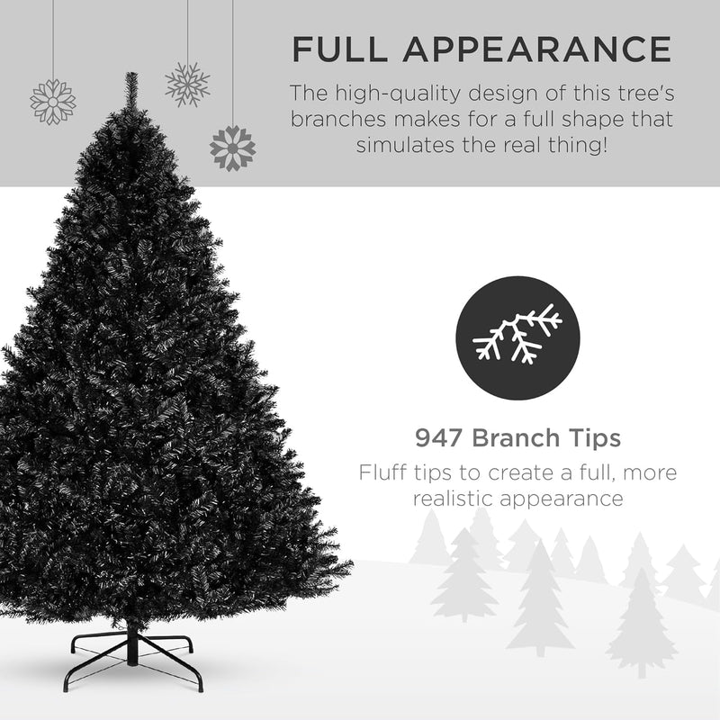 Best Choice Products 6Ft Artificial Full Black Christmas Tree Seasonal Holiday Decoration for Home, Office, Party Decoration W/ 947 PVC Branch Tips, Metal Hinges, Foldable Base