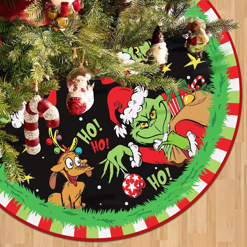 Christmas Tree Skirt 48 Inches, Red and Green Christmas Tree Collar Soft Farmhouse Xmas Tree Skirt with Christmas Monster Design for Holiday Party Decorations