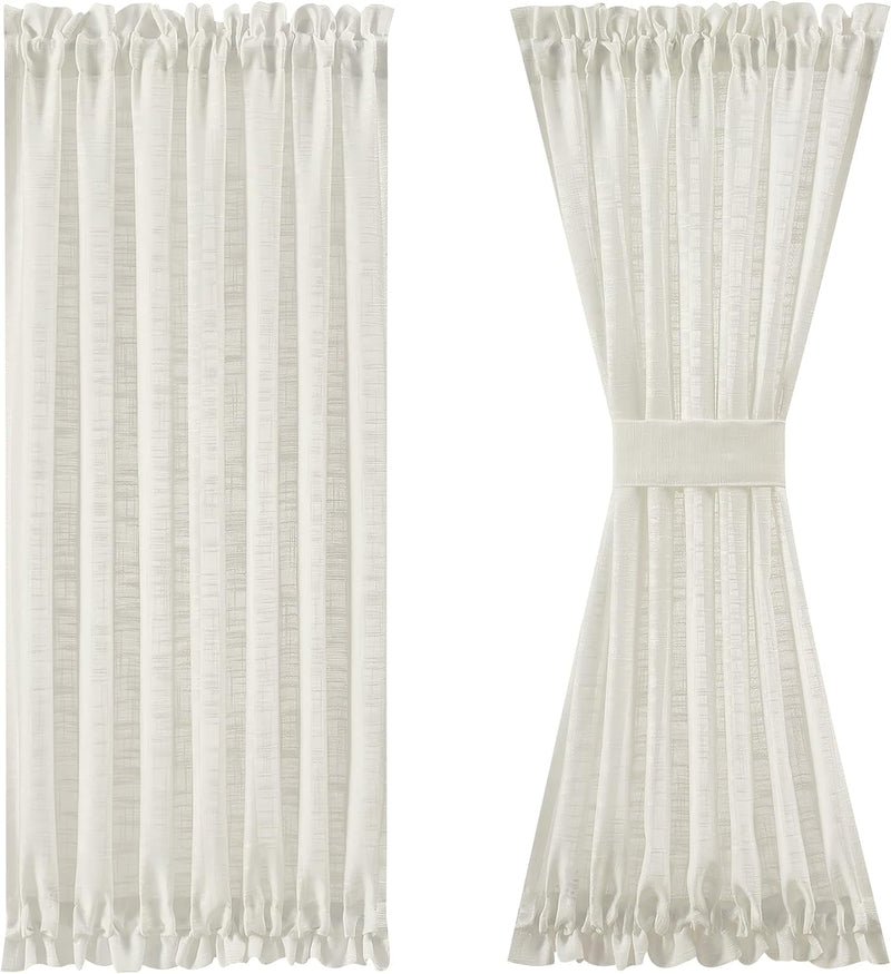 FMFUNCTEX Sheer Linen French Door Curtains White 72 Inches Long Linen Textured Front Glass Door Panel Curtain Solid Privacy Sliding Door Curtain Set Tiebacks Attached 50 Inches Wide 1 Panel