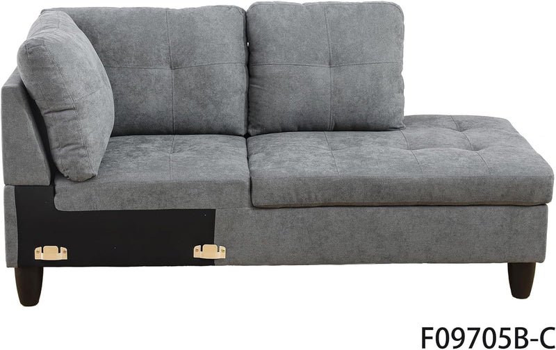 3 Piece Living Room Furniture Set with L-Shaped Sectional Sofa, Right Chaise Lounge, Storage Ottoman and 2 Throw Pillows, Curved Armrests Tufted Flannel Modular Couch for Large Space Apartment