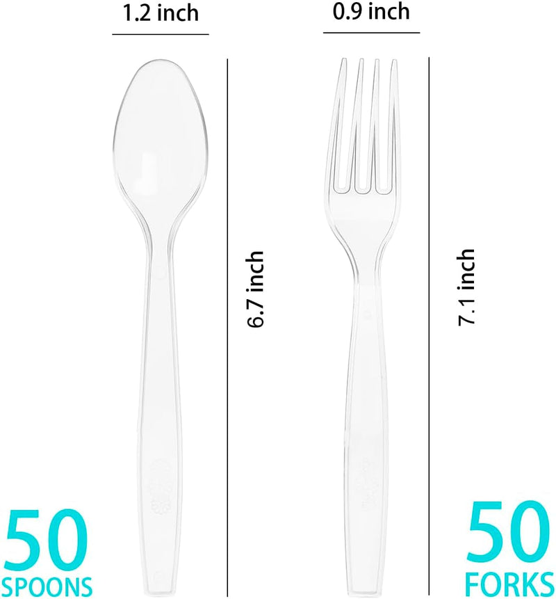 100 Count Plastic Silverware, Heavy Weight Plastic Forks Spoons Disposable Utensils Cutlery Set for Wedding Party Supplies Everyday Use