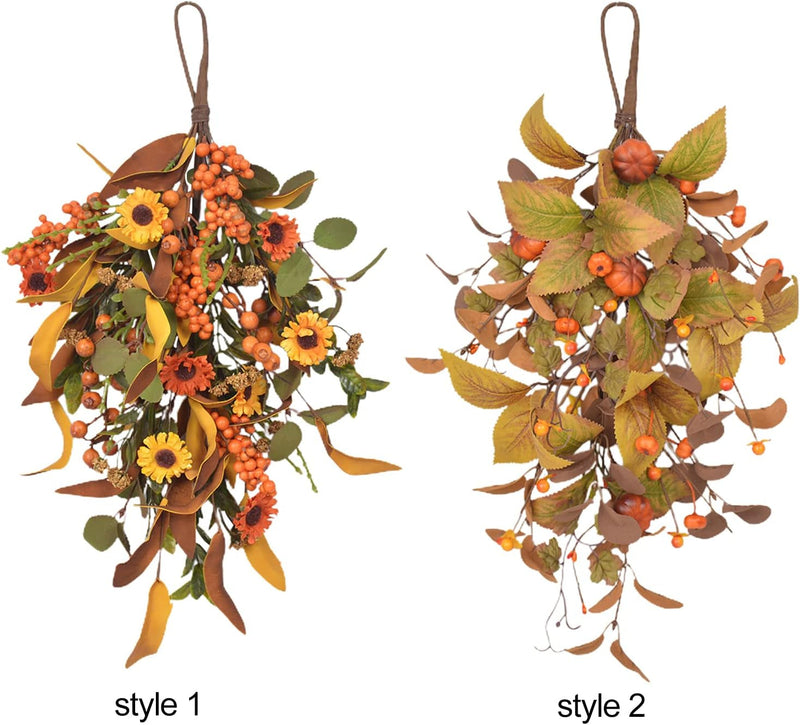 19.7Inch Fall Harvest Teardrop Swag, Simulation Flower Harvest Door Swag Wreath, Wall Hanging Autumn Wreath with Pumpkin Maple Leaf Berries for Front Door Thanksgiving Decor, A