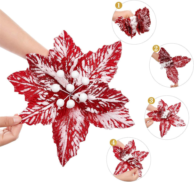 10Pcs Snow Decorated Large Poinsettia Decorative Christmas Flower Stem for Christmas Tree Wreath Garland, Red/White